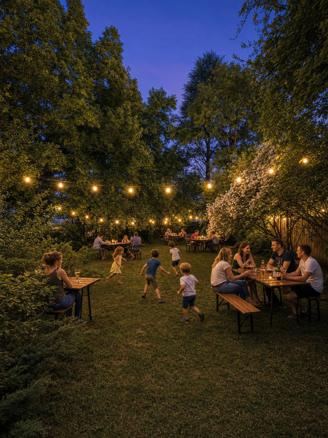 Sommerabend im Biergarten zur Schmidener Kurve — Lichterketten zwischen den Bäumen, Familien an Biertischen, Kinder spielen im Gras.